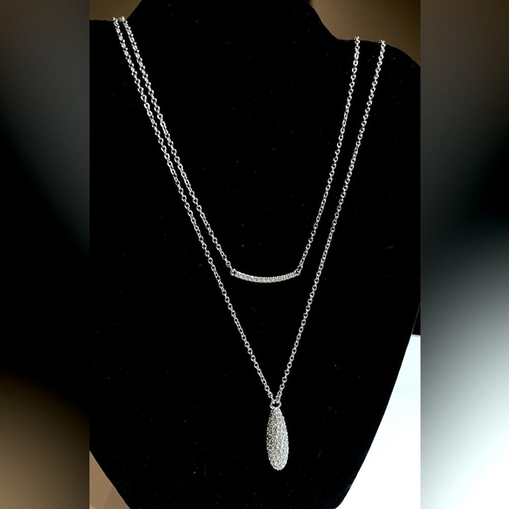 NEW INC 23" NECKLACE Pave Crystal Drop Bar Pendant Layered 2-Strands Silver Tone